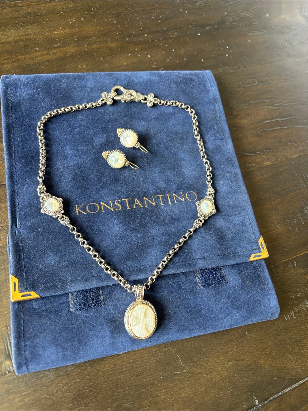 Konstantino Silver, gold Necklace and Earrings Set with Opalescent White Accents